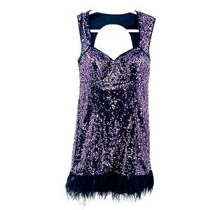 GUESS Los Angeles Deep Purple Sequin Fitted Feather Trim Sleeveless Dress Sz 8